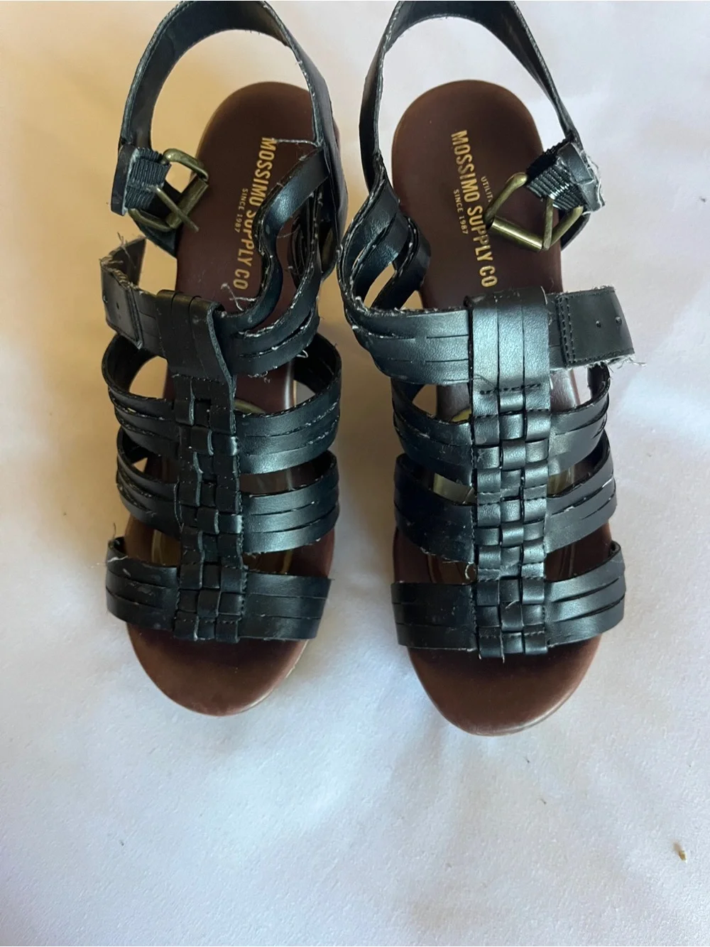 Mossimo Supply Co Black Cork Wedge Sandals Size 6.5 Strappy Heel 👡